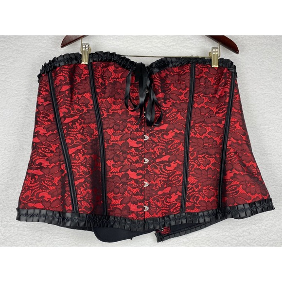 Unbranded Tops - Red Black Floral Lace Boned Corset Top Gothic Steampunk Lace Up Back XL-2XL